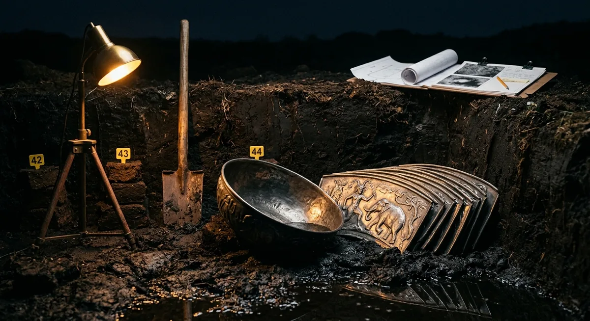 Uma vala de turfa fotografada à noite em ângulo baixo, com uma grande tigela escura de prata meio erguida da turfa preta encharcada, treze placas curvas de prata empilhadas e encostadas na parede do corte, o relevo de uma figura de chifres e de um elefante recebendo luz âmbar focal de uma lâmpada de leitura, uma pá de turfa cravada em pé e etiquetas de topografia numeradas sobre os blocos empilhados
