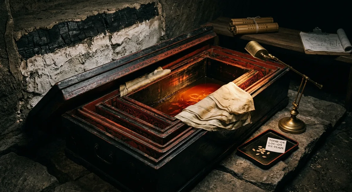 O interior de uma câmara funerária chinesa antiga fotografado em ângulo baixo, com quatro caixões laqueados em preto e vermelho encaixados e as tampas deslocadas, camadas dobradas de seda clara sobre a borda do caixão interno, um líquido avermelhado raso no fundo recebendo luz âmbar focal de uma lâmpada de leitura, uma bandeja de laca com caroços de melão ao lado de uma etiqueta numerada e uma parede de carvão e argila branca cortada ao fundo