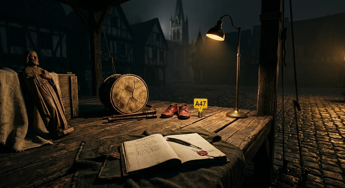 Um palco de madeira vazio levantado à noite numa praça de mercado medieval de pedra, fotografado em ângulo baixo, com um tambor de pele rachada e dois pífanos de madeira largados sobre as tábuas, um par de sapatos vermelhos de couro ao lado de uma etiqueta numerada, um livro-caixa municipal aberto com pena e selo de cera quebrado em primeiro plano, uma imagem de santo em madeira envolta em linho encostada num engradado, tudo sob luz âmbar focal de uma lâmpada de leitura