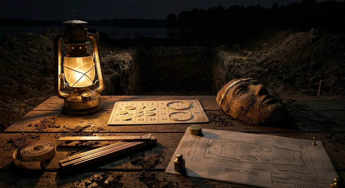 Uma mesa de campo à noite ao lado de uma vala de escavação aberta em terra escura, com discos e braceletes de ouro dispostos sobre uma ficha numerada, uma máscara de barro em tamanho natural deitada na borda da luz com uma fina faixa de ouro na testa, um desenho de planta da cova em papel vegetal preso por um peso de latão, uma régua dobrável e uma trena em primeiro plano, tudo sob luz âmbar focal de um lampão