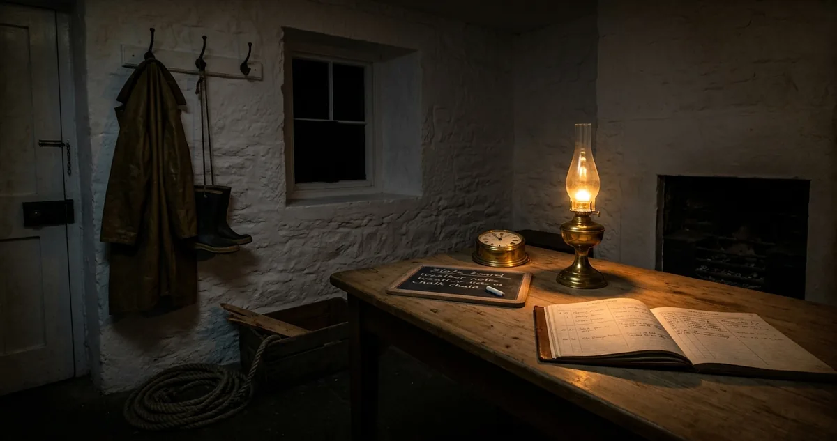 O interior da sala dos faroleiros numa estação escocesa isolada à noite, com paredes de pedra caiada e uma janela pequena e funda de vidro escuro, um casaco encerado pesado e um par de botas de mar ainda pendurados num gancho de ferro ao lado da porta, dois ganchos vazios ao lado, uma lamparina de parafina limpa e pronta sobre a mesa de madeira, um relógio de latão parado, uma lousa com anotações de tempo a giz, o livro de registro da estação aberto, a grelha da lareira fria e sem cinzas, cabo de amarração enrolado e uma ripa de caixa de madeira lascada em primeiro plano, tudo sob luz âmbar focal de um lampião de latão