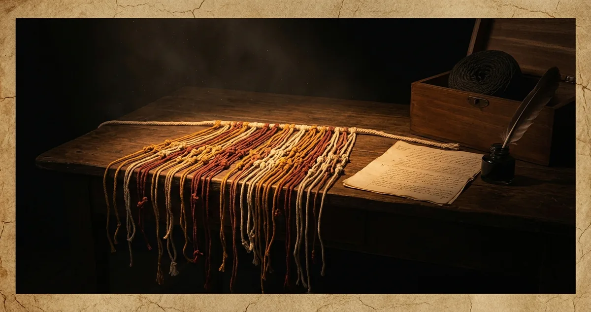 Uma mesa de arquivo à noite com um quipu inca aberto sobre a madeira escura, a corda mestra de algodão fiado atravessada e dezenas de cordões tingidos em ocre, vermelho e cru caindo pela borda, grupos de nós amarrados em alturas diferentes, uma página de recenseamento colonial dobrada ao lado de um tinteiro de ferro e uma pena, uma arca de madeira com a tampa aberta e um novelo de lã de alpaca no canto, tudo sob luz âmbar focal