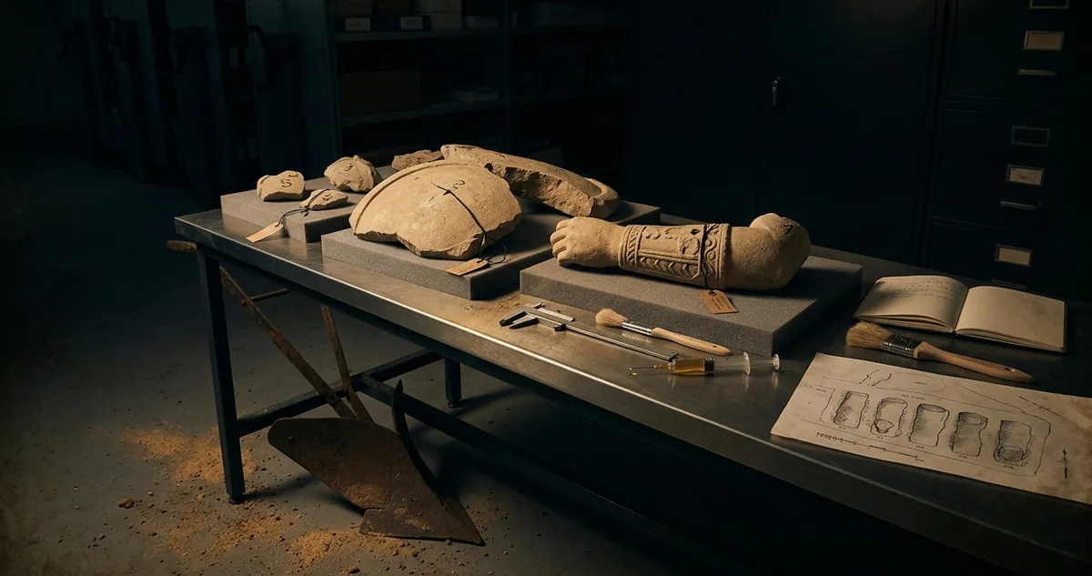 Uma mesa de laboratório de restauro à noite coberta de fragmentos numerados de calcário de uma escultura antiga, um caco de escudo curvo e um pedaço de antebraço com bracelete talhado apoiados em suportes de espuma cinza, etiquetas de papel amarradas a cada peça, calibre, pincéis e uma seringa de resina ao lado de um caderno de campo e da planta desenhada à mão de uma fileira de tumbas de poço, uma relha de arado enferrujada encostada no pé da mesa, tudo sob luz âmbar focal