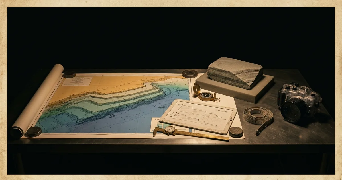 Uma mesa de levantamento marinho à noite com a carta batimétrica de um platô de arenito submerso em degraus, uma tábua de mergulho riscada com perfis de terraço desenhados à mão, profundímetro e bússola de latão, uma amostra de arenito estratificado com quina de noventa graus sobre bloco de espuma, trena e caixa estanque de câmera com gotas de água salgada, tudo sob luz âmbar focal