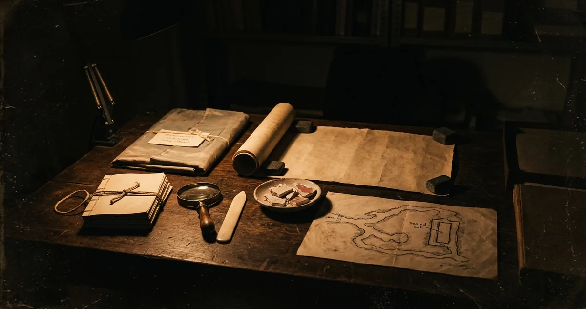 Uma sala de conservação de manuscritos à noite, com um rolo de papel parcialmente aberto e preso nas pontas sobre a mesa de madeira, um invólucro de seda desbotado com etiqueta escrita à mão, cadernos costurados amarrados com cordão, lupa e espátula de osso, um prato com fragmentos secos de reboco pintado e a planta de um corredor de gruta com a cela lacrada marcada a tinta, tudo sob luz âmbar focal