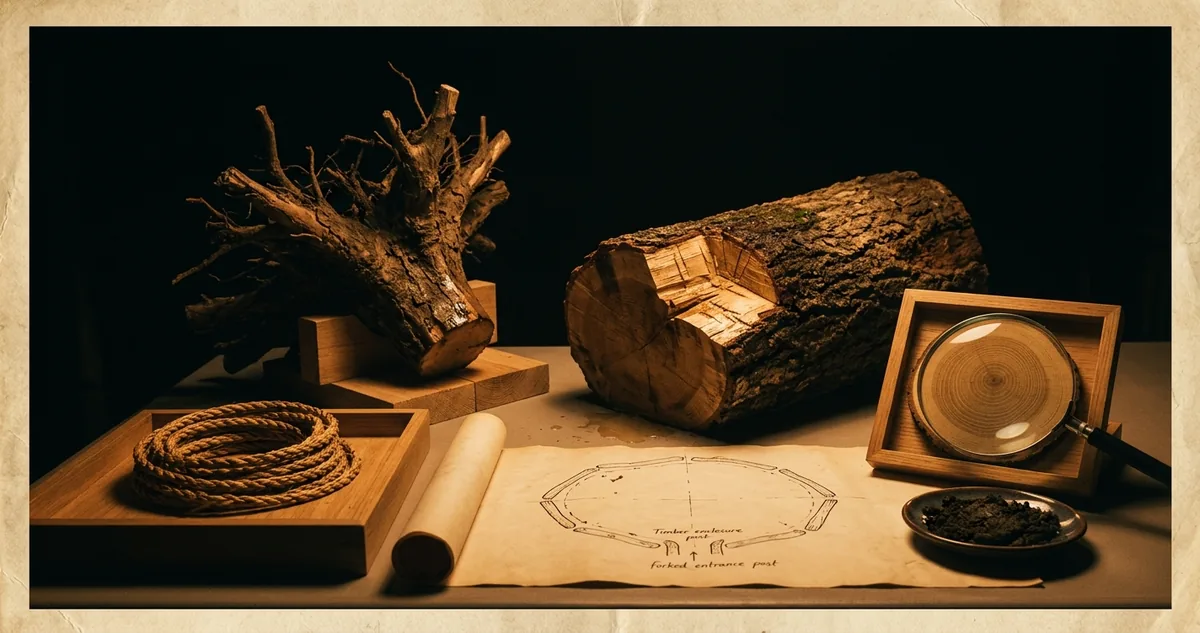 Uma mesa de escavação molhada à noite, com uma seção de tronco de carvalho fendido mostrando a casca de um lado e marcas de machado de bronze do outro, uma base de raiz invertida apoiada em blocos com as raízes voltadas para cima, um rolo de corda de madressilva trançada numa bandeja, uma lâmina fina de carvalho com os anéis de crescimento sob a lupa e a planta desenhada à mão de um cercado circular de madeira, tudo sob luz âmbar focal