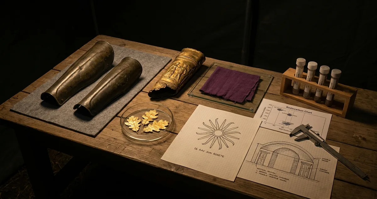 Uma mesa de exame de madeira numa tenda de campo à noite, com duas caneleiras de bronze de alturas visivelmente diferentes lado a lado sobre feltro cinza, o fragmento dourado de um coldre de arco com figuras em relevo, três folhas finas de carvalho em lâmina de ouro numa cuba de vidro, um retalho dobrado de tecido púrpura sob vidro, o desenho a tinta de uma roseta solar de dezesseis raios em papel milimetrado, o corte arquitetônico de uma câmara de abóbada com duas portas de mármore, um gráfico impresso de radiocarbono com dois blocos de datas e um paquímetro sobre o desenho, tudo sob luz âmbar focal