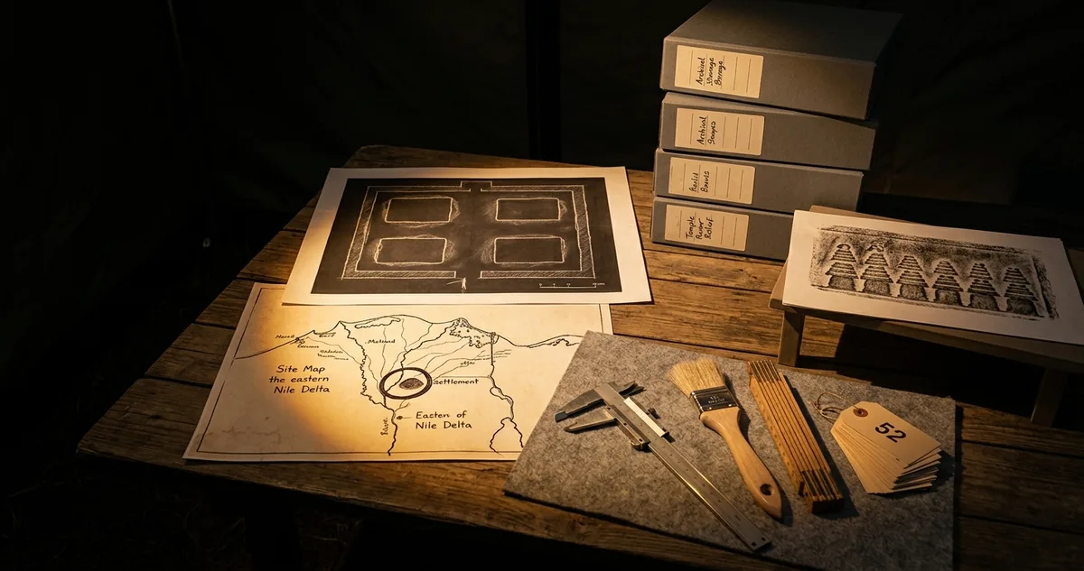 Uma tenda de campo à noite com o plano de escavação do pátio de um palácio sobre a mesa, quatro covas rasas marcadas a giz, um mapa desenhado à mão do delta oriental do Nilo com um sítio circulado a tinta, caixas de arquivo cinza etiquetadas à mão, uma decalcagem impressa de relevo de templo, um paquímetro, um pincel macio e etiquetas numeradas sobre feltro cinza, tudo sob luz âmbar focal