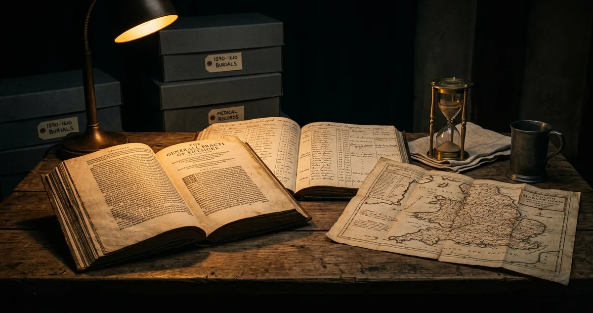 Um gabinete Tudor à noite com um tratado médico impresso do século 16 aberto sobre a mesa, um registro paroquial de sepultamentos manuscrito, um mapa dobrado de cidades inglesas marcado a vermelho, uma ampulheta de latão, caixas de arquivo cinza etiquetadas à mão, um pano de linho e um copo de estanho, tudo sob luz âmbar focal