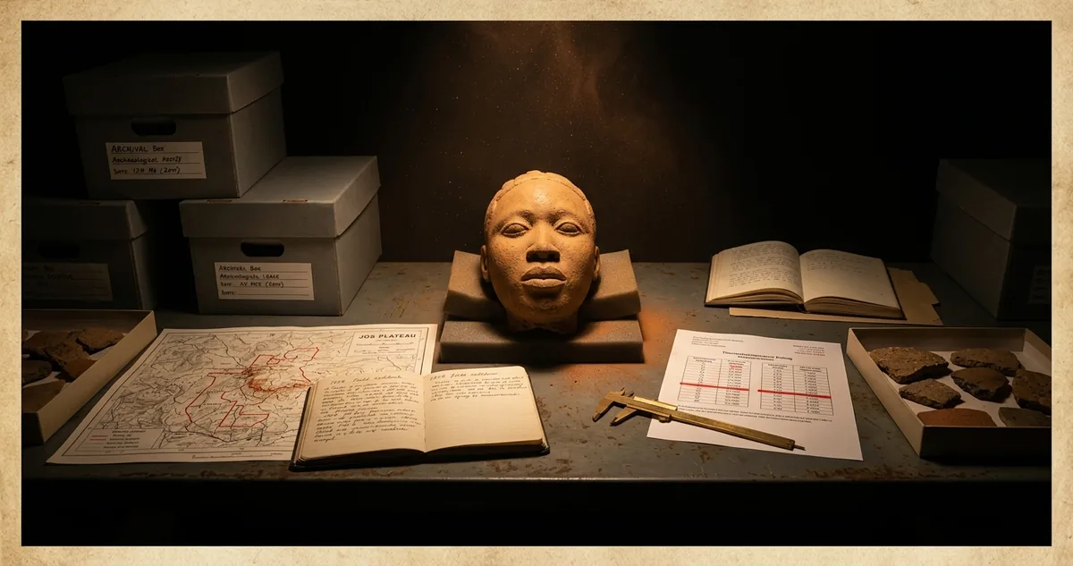 Uma bancada de arquivo arqueológico à noite com uma cabeça de terracota africana sobre apoios acolchoados, um mapa topográfico do platô de Jos com concessões de lavra marcadas a vermelho, um caderno de campo de 1928, um relatório de datação por termoluminescência, paquímetros de latão e bandejas de fragmentos de barro com desengordurante grosso, tudo sob luz âmbar focal