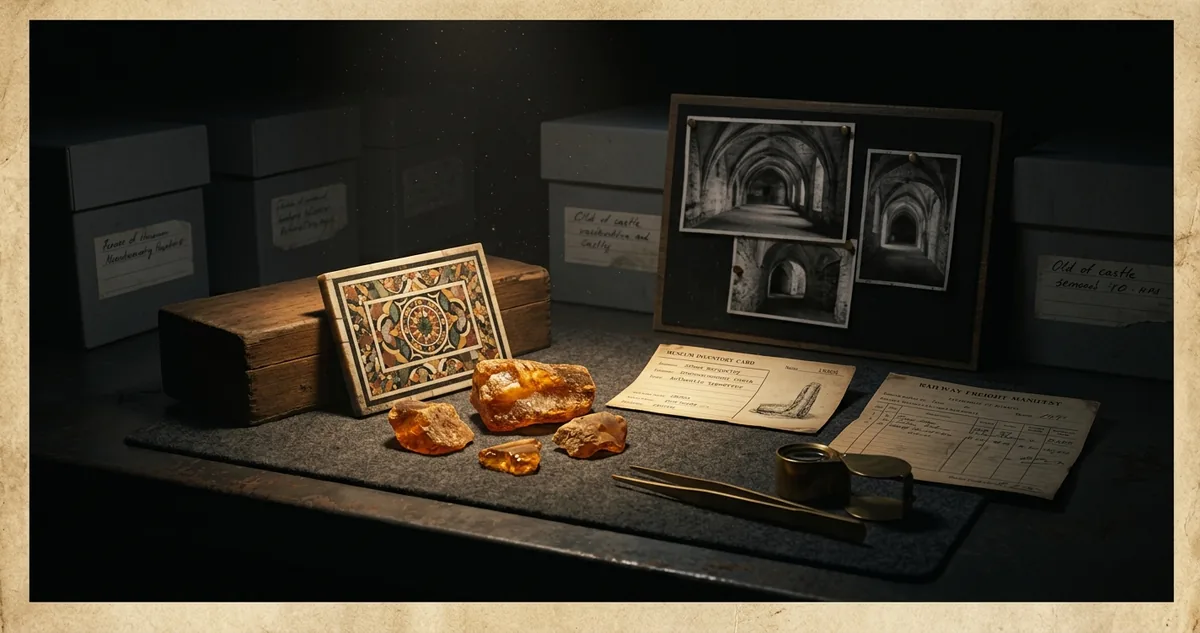 Uma bancada de arquivo à noite com fragmentos de marchetaria de âmbar sobre feltro cinza, um pequeno painel de mosaico florentino apoiado num bloco de madeira, uma ficha de inventário de museu datilografada, um manifesto ferroviário dobrado e fotografias em preto e branco de um salão abobadado, tudo sob luz âmbar focal