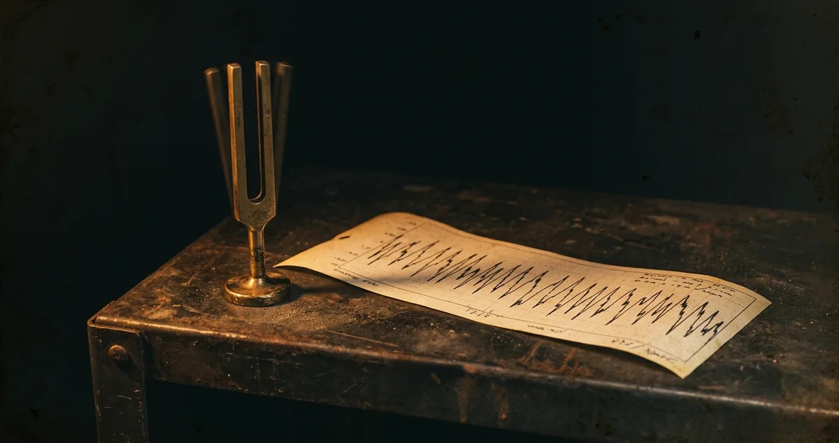 Uma bancada de arquivo à noite com um fragmento de quartzito rachado sobre suporte, cópias em papel de inscrições gregas, diapasão de latão, um traçado de oscilograma impresso, amostras de blocos de arenito e um desenho de elevação da estátua sentada com cinco fiadas remontadas marcadas em vermelho, tudo sob luz âmbar focal