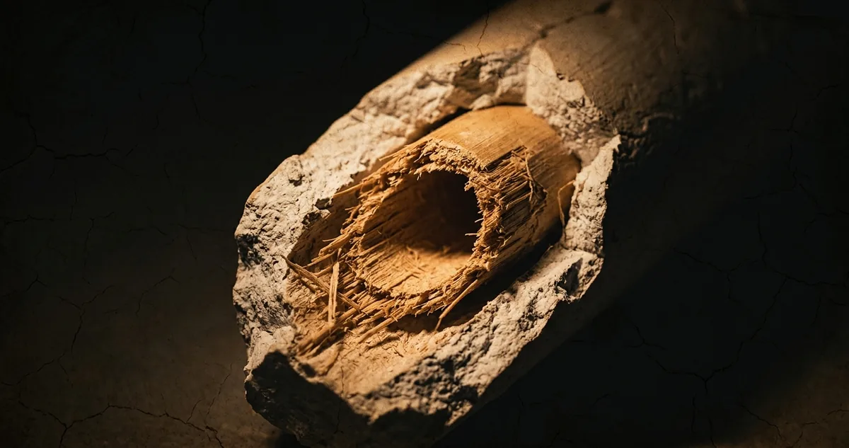 Uma bancada de arquivo à noite com um fragmento de gesso de cal com o miolo oco de junco exposto, feixes de junco amarrados com cordão, um prato de betume escuro, calibrador e peneira, e um desenho de planta com duas covas ovais contendo quinze formas alongadas deitadas, sob luz âmbar focal