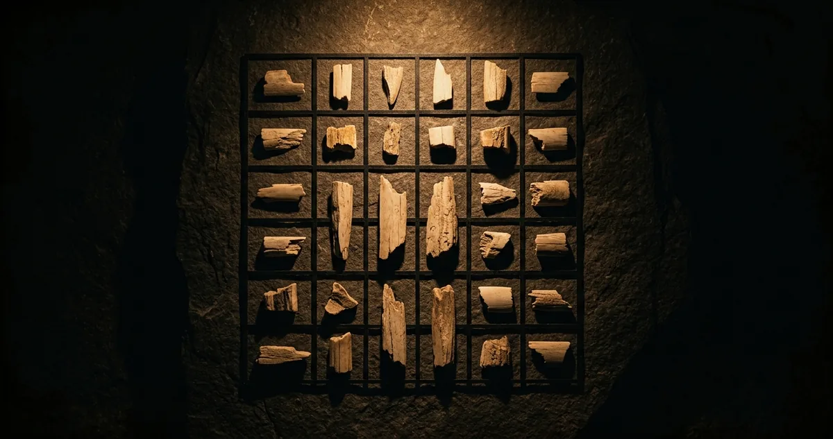 Uma bancada de arquivo à noite com dezenas de lascas claras de marfim dispostas em grade numerada sobre feltro preto, uma figura de marfim em pé num berço de museu, lâminas de sílex ao lado de um bloco de presa bruta, um mapa de gruta com uma câmara lateral marcada a tinta e um caderno de escavação de 1939 aberto num desenho estratigráfico, sob luz âmbar focal