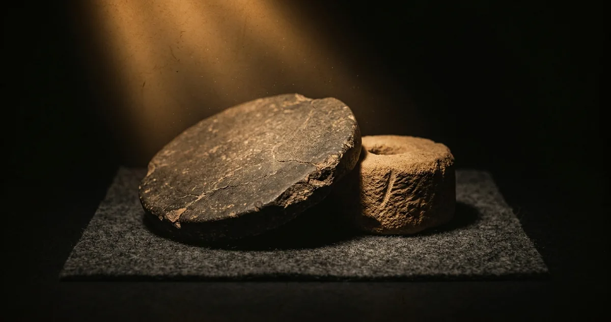 Bancada de exame à noite com a planta de um campo de jarras megalíticas aberta sobre a mesa, ficha de contexto de escavação presa em pé, tubos opacos de sedimento numerados, uma amostra de arenito e um disco de pedra sobre feltro cinza, paquímetro de bronze e lupa ao lado de cartões de resultado de luminescência, sob luz âmbar focal