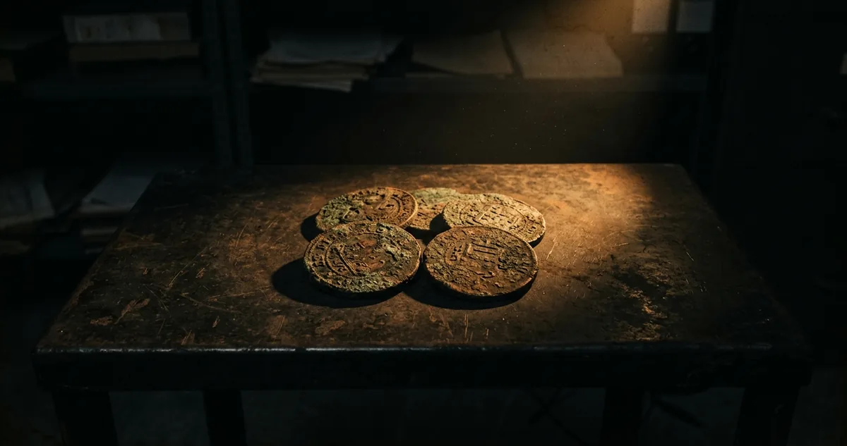 Bancada de exame à noite com uma carta náutica de ilha remota aberta sobre a mesa, ficha de registro de achado presa em pé, cinco discos de cobre corroídos sobre feltro cinza, paquímetro de bronze e lupa ao lado, saco de evidência lacrado e numerado, cartões de referência numismática e bússola de bronze, sob luz âmbar focal