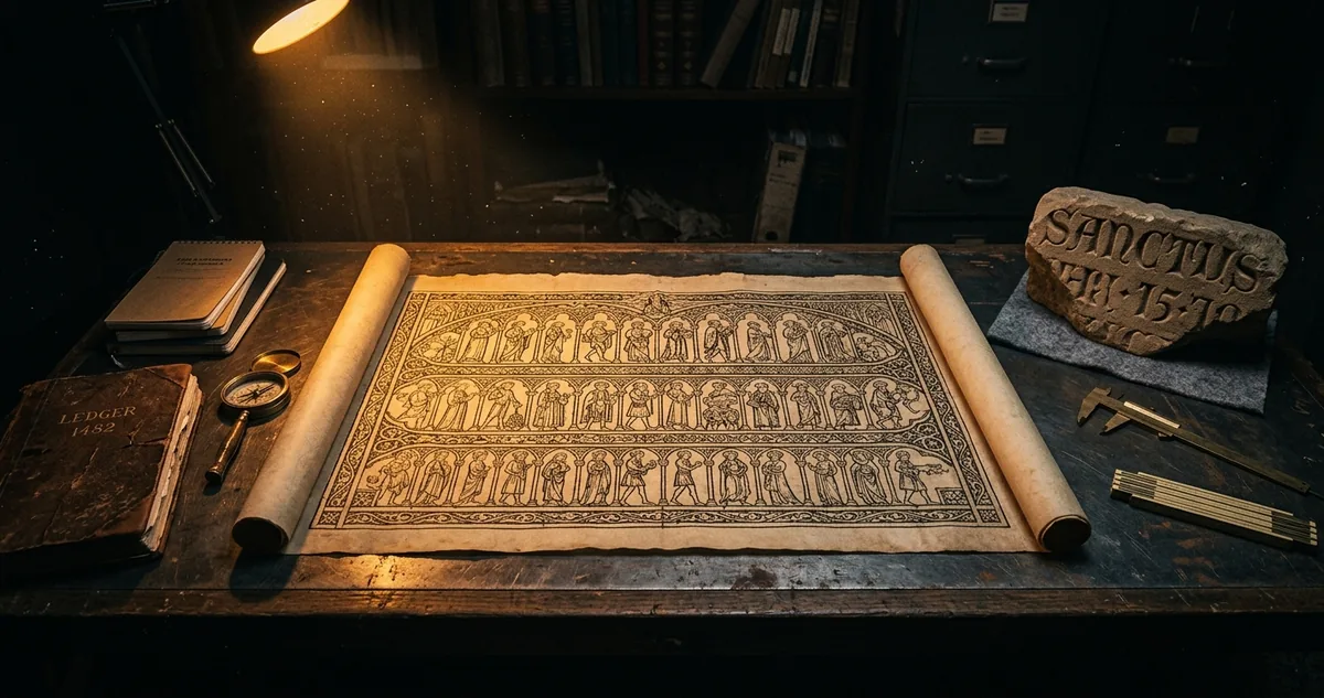 Bancada de exame à noite com o decalque de um vitral medieval aberto sobre a mesa, folha de pergaminho com versos góticos presa em pé, fragmento de arenito com letras esculpidas sobre feltro, paquímetro de bronze, lupa, escala dobrável, livro de registros da cidade e bússola, sob luz âmbar focal