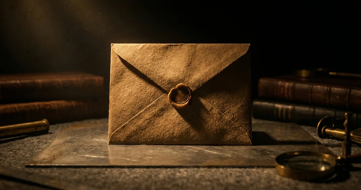 Bancada de exame à noite com duas cartas manuscritas abertas sob vidro, um envelope de papel grosso em pé, um pacote de prova com uma mecha de cabelo sobre feltro, paquímetro de bronze, lupa, escala dobrável, livro de autos do século XIX e bússola, sob luz âmbar focal