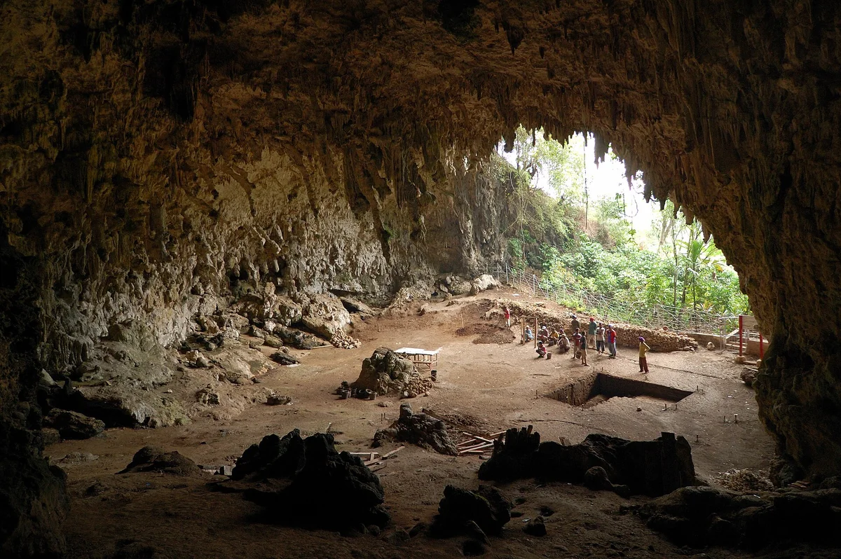 A boca da caverna de calcário de Liang Bua, na ilha de Flores, cujo piso guarda mais de onze metros de sedimento escavado camada por camada.