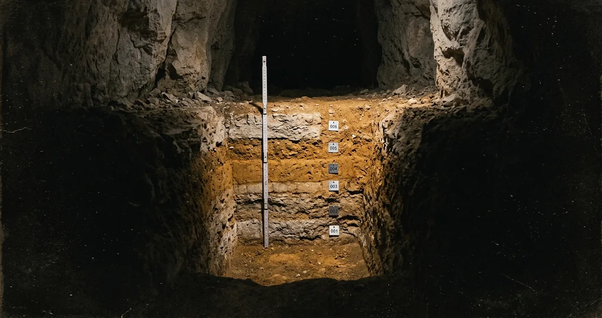 Trincheira de escavação numa caverna de calcário à noite, com a parede do corte mostrando faixas de sedimento cinza e ocre, escala dobrável fincada, etiquetas numeradas em cada camada, réplica de crânio pequeno sobre feltro ao lado de paquímetro e colher de pedreiro, sob luz âmbar focal