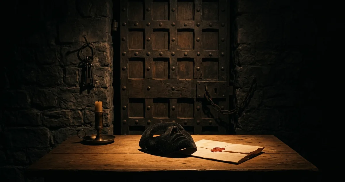 Porta de cela de carvalho cravejado do século XVII em quase escuridão, com uma máscara de veludo preto sobre mesa de madeira gasta, carta de pergaminho com selo de cera vermelha rompido, castiçal de latão e molho de chaves de ferro pendurado na parede de pedra, sob luz âmbar focal
