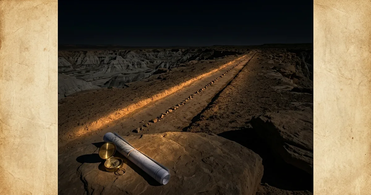 Leito reto de uma estrada antiga cruzando um planalto seco rumo a um cânion erodido, sob luz âmbar