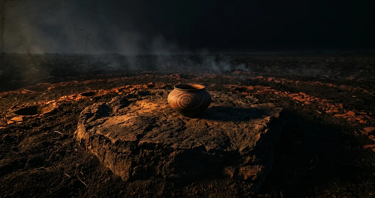Campo arado da Ucrânia com anéis de barro queimado ao entardecer