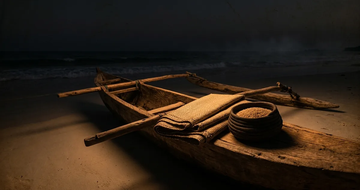 Canoa com flutuador numa praia de Madagascar ao entardecer