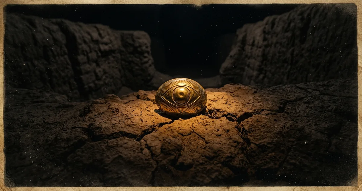 Olho artificial de ouro sobre tijolo cru no deserto do Irã