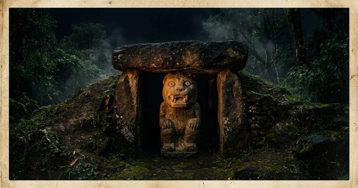 Estátua de pedra com presas de felino sobre um túmulo em San Agustín