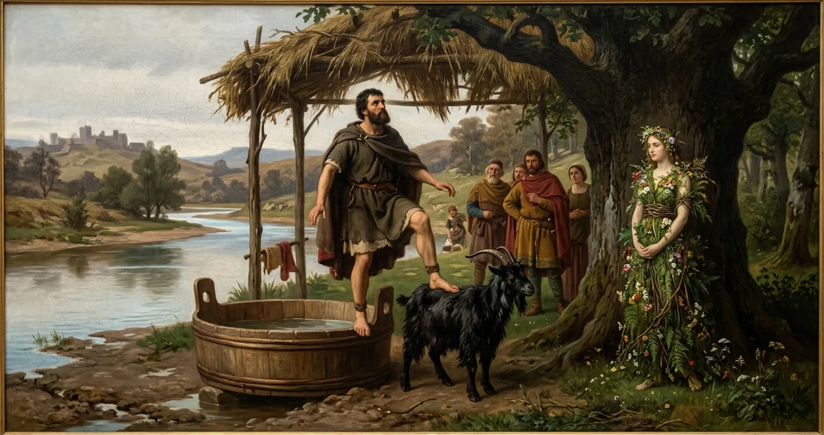 Lleu em pé sobre a banheira e o bode, ilustração mitológica