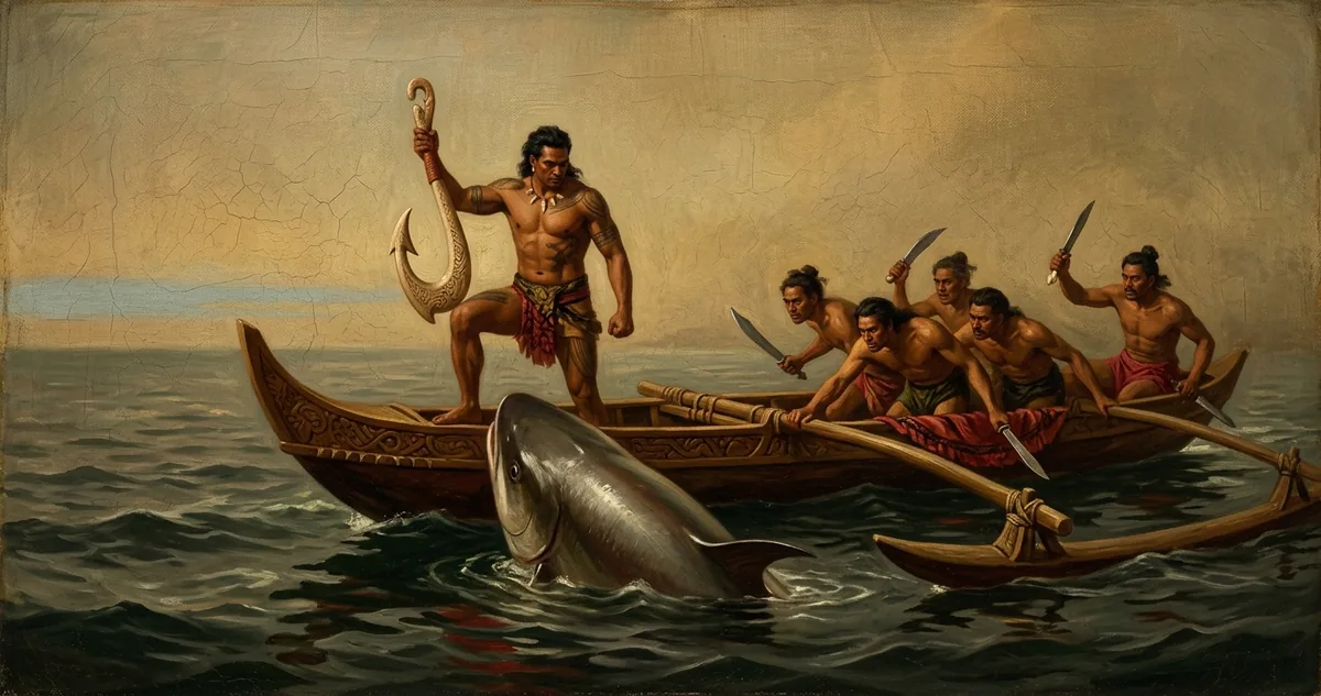 Maui puxando o grande peixe do mar enquanto os irmãos aguardam na canoa
