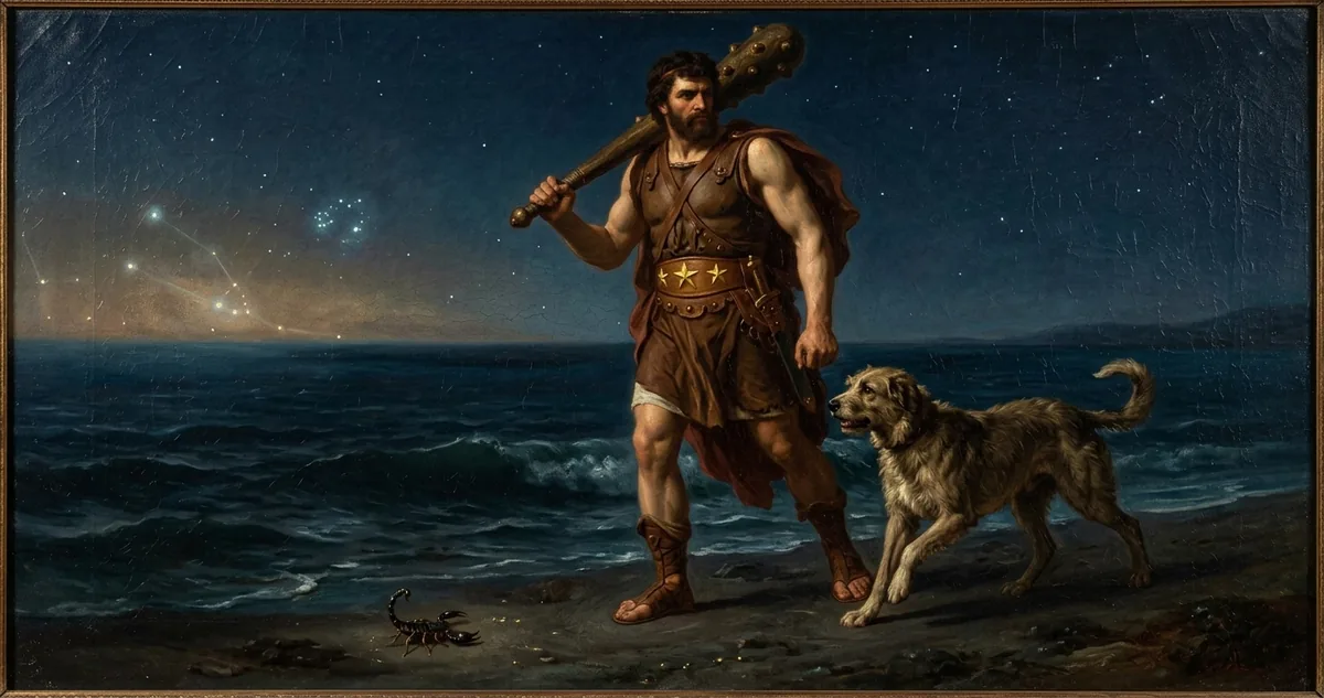 Órion atravessando o mar a pé com o escorpião na areia