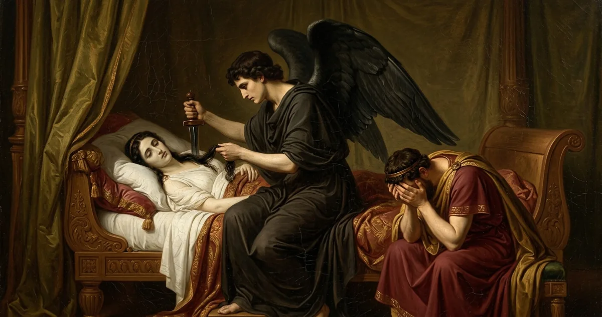 Alceste ajoelhada no altar enquanto Admeto olha para os pais