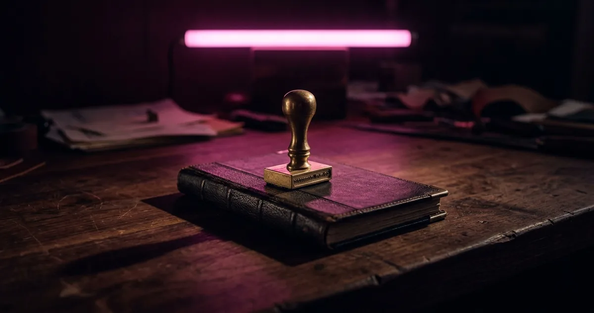 Quatro carimbos de metal sobre o livro de registro e um relatorio de cliques