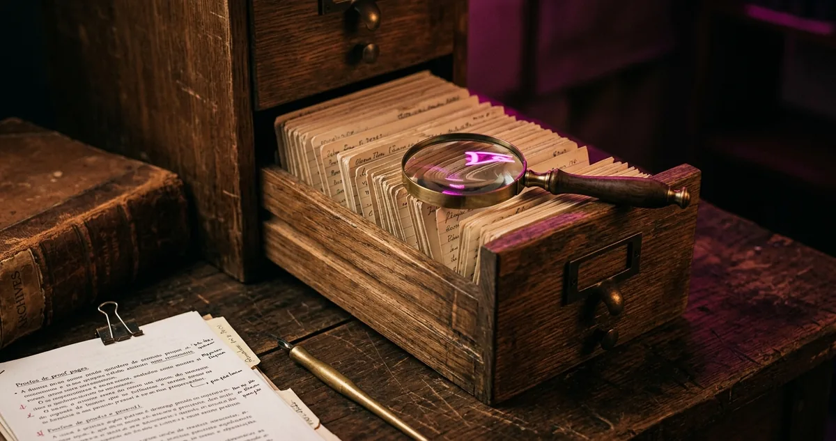 Planilha impressa de cinco colunas saindo da mesa, celular apagado e fichas de papel empilhadas sob luz de neon magenta