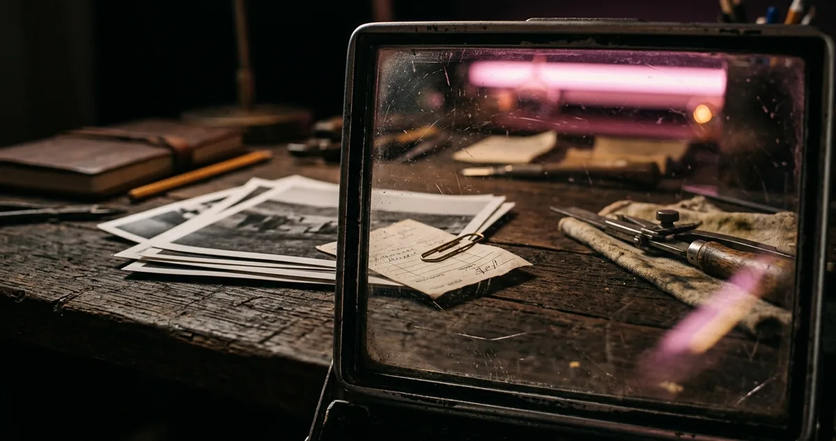 Fotografias impressas sobre a mesa, uma virada para baixo, e câmera antiga sob luz de neon magenta