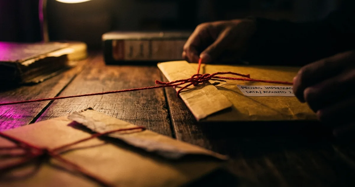 Envelope aberto e carta repassada sob luminária magenta