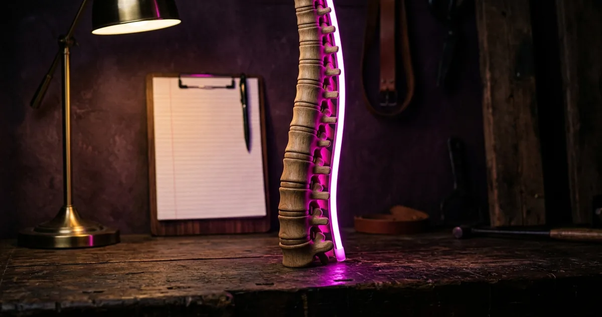 Luminária neon magenta sobre o balcão de uma clínica