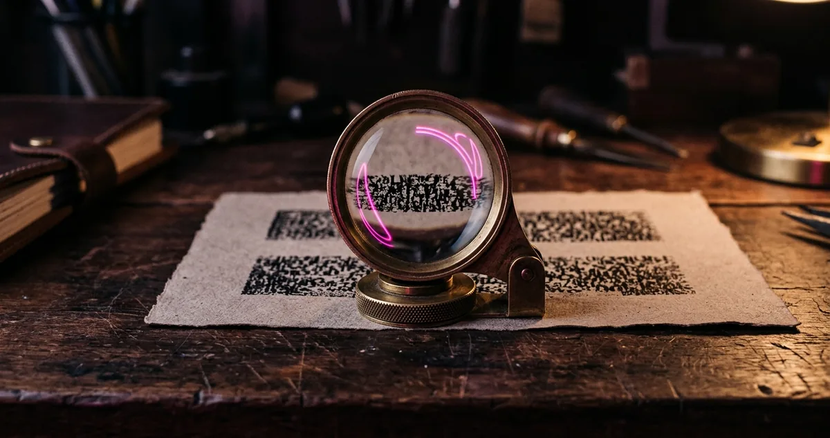 Folha impressa sob uma luminária magenta na mesa de uma agência