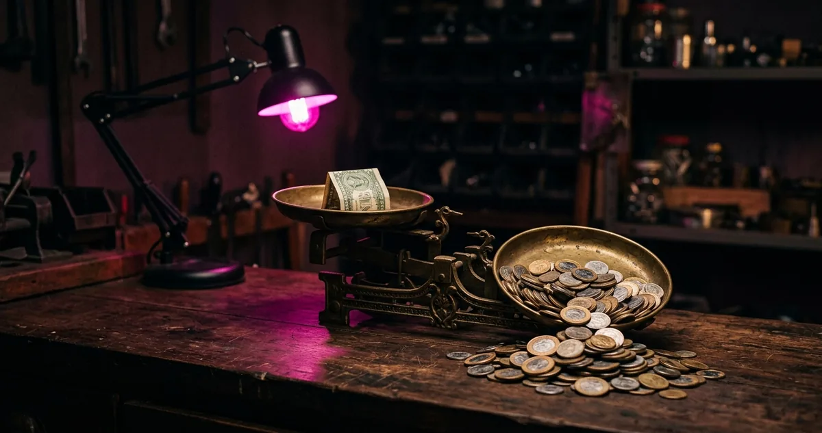 Notas de dólar e moedas de real sob uma luminária magenta no balcão