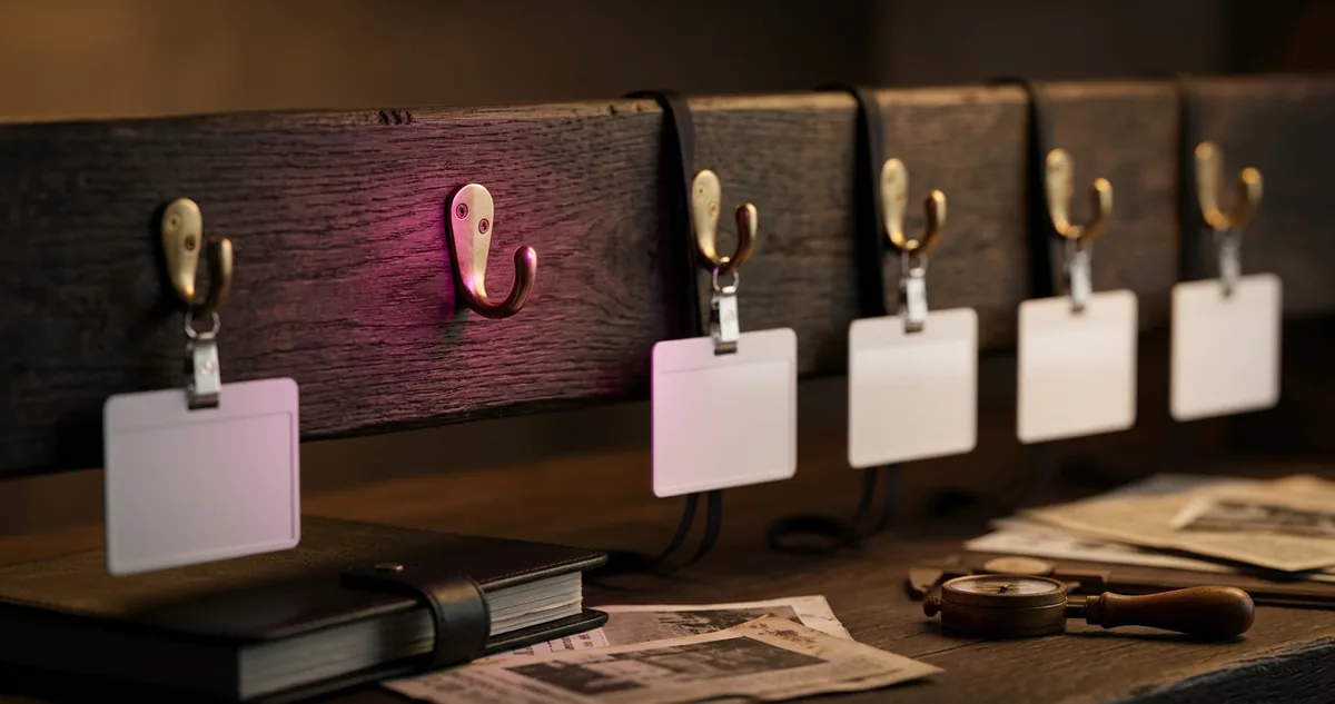Crachá de empresa numa caixa de mudança sob luz magenta