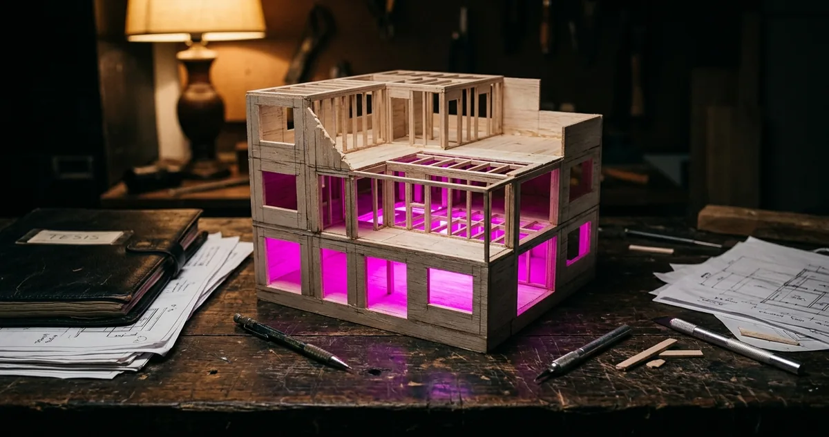 Capacete e plantas de obra sob um neon magenta