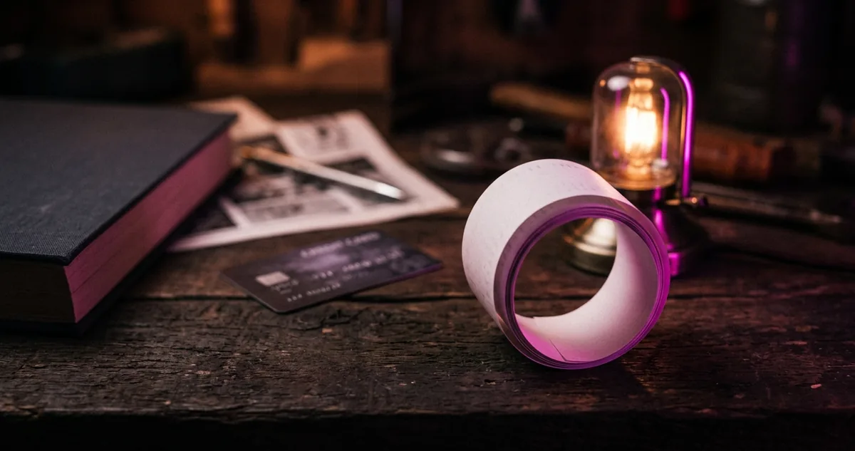 Recibo de estorno e cartão sob uma luminária magenta