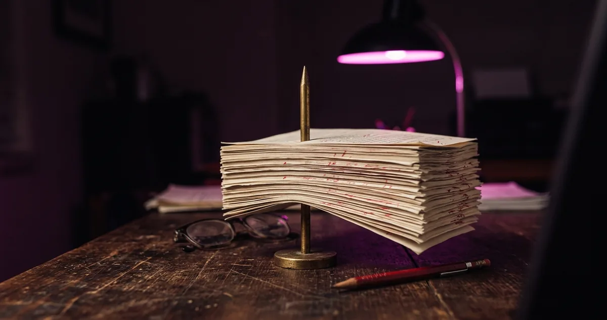 Rascunho impresso sob uma luminária magenta