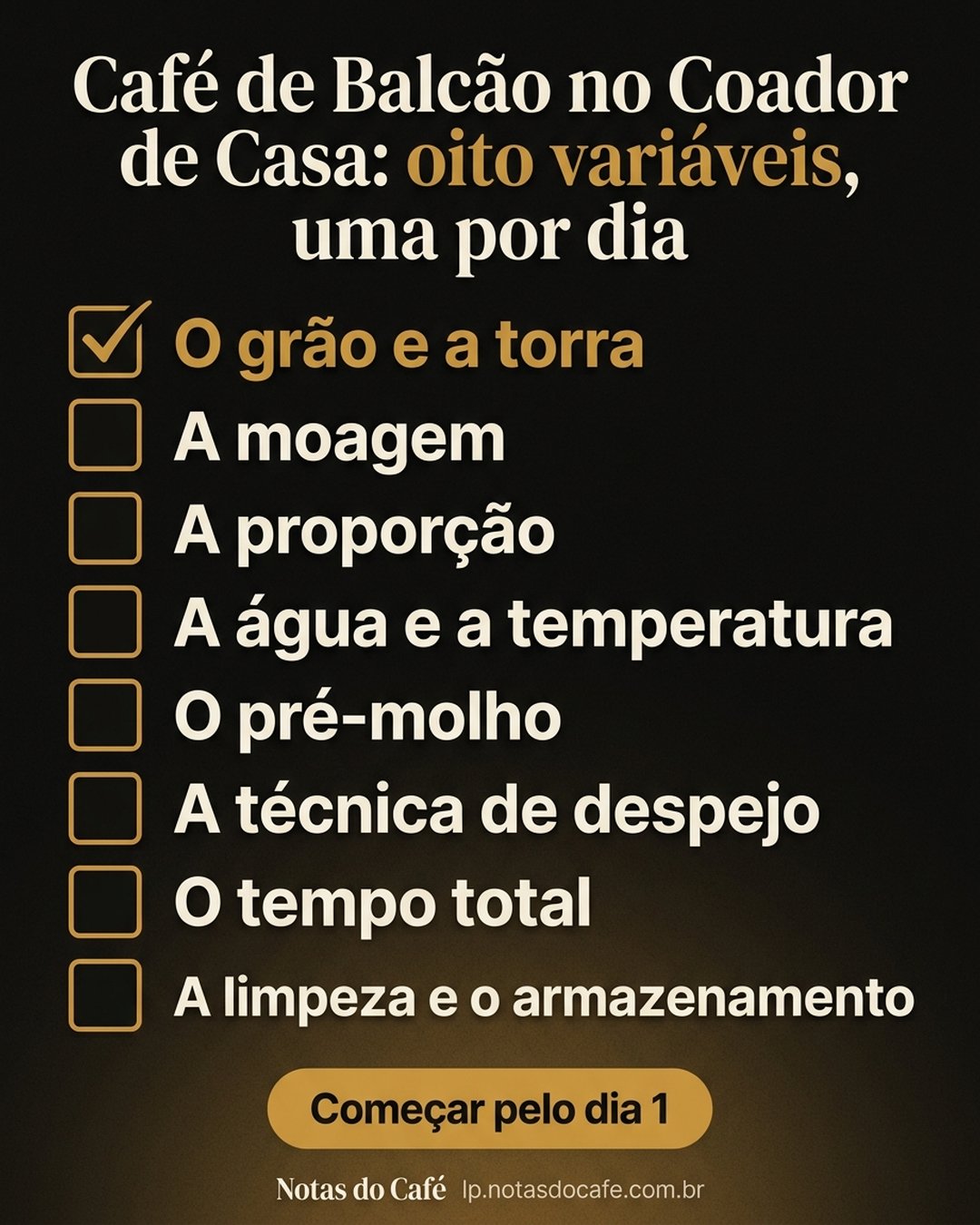 Café de Balcão no Coador de Casa: oito variáveis, uma por dia: O grão e a torra, A moagem, A proporção, A água e a temperatura, O pré-molho, A técnica de despejo, O tempo total, A limpeza e o armazenamento. Começar pelo dia 1.