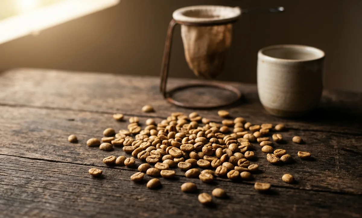 Grãos de Bourbon Amarelo espalhados sobre madeira escura com um V60 ao fundo em foco suave