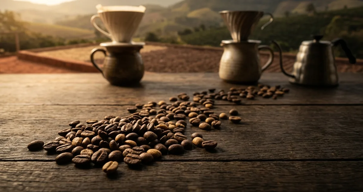 Grãos de Geisha lavado espalhados sobre madeira escura com um V60 de vidro ao fundo
