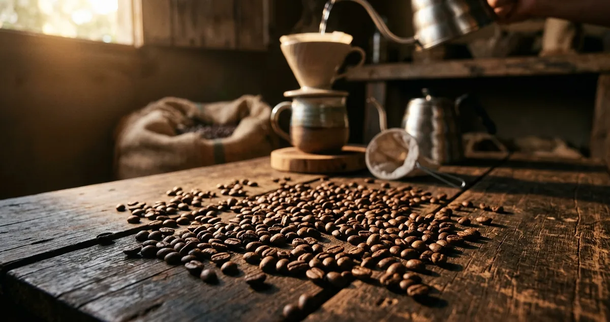 Grãos de café descafeinado espalhados sobre madeira escura com um coador e uma jarra de vidro ao fundo em foco suave