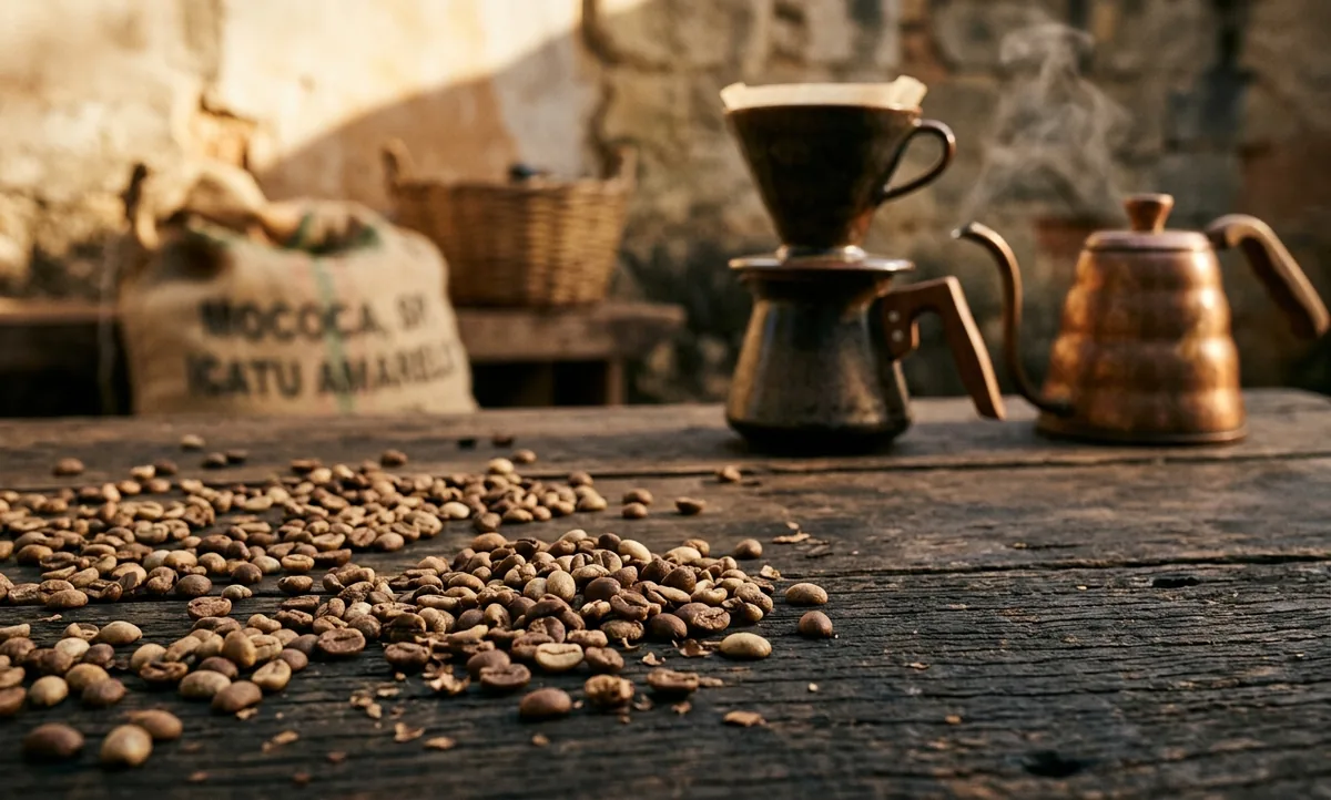 Grãos de Icatu Amarelo natural espalhados sobre madeira escura com uma Chemex ao fundo